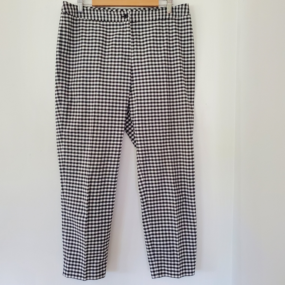 J. MCLAUGHLIN Black Gingham Sz 12 GEORGINA Ankle Pants Slit Stretch Chic Preppy